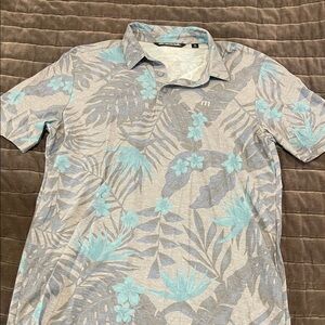 Travis Mathew Gray and Blue Leaf Print Polo